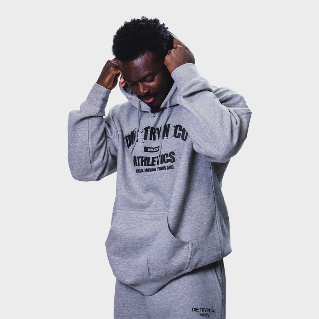 Summer Night athletic hoodie in grey, worn