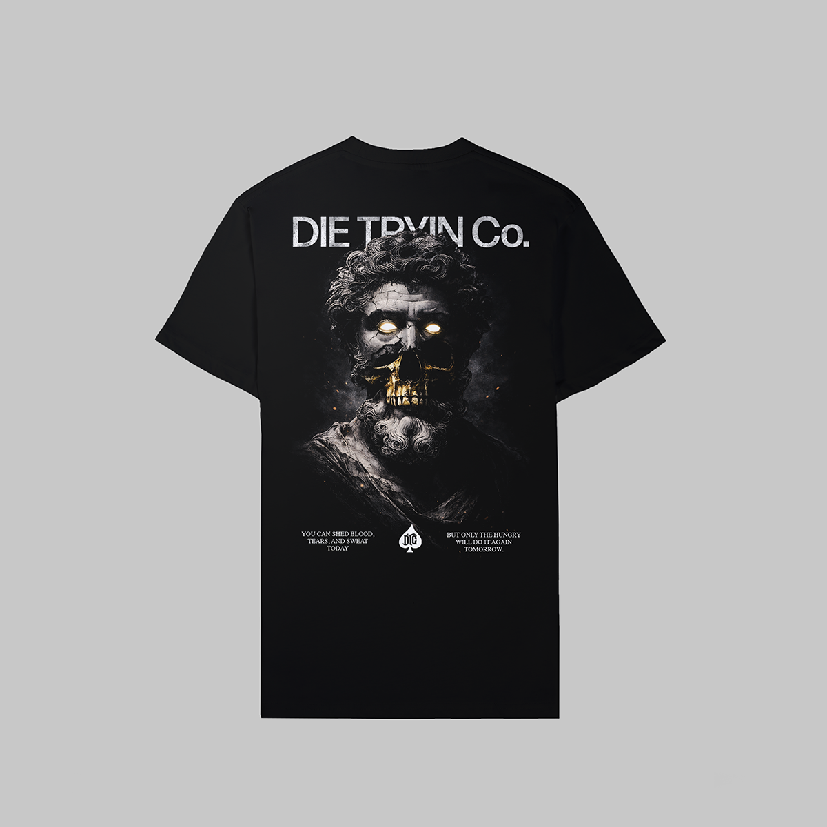 The Hungry fitted tee flat lay, back view on a studio background