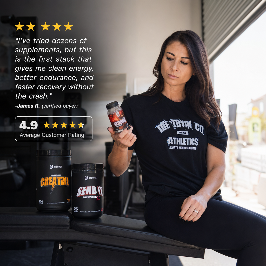Customer review of the thermogenic stack alongside a 4.9 average customer rating