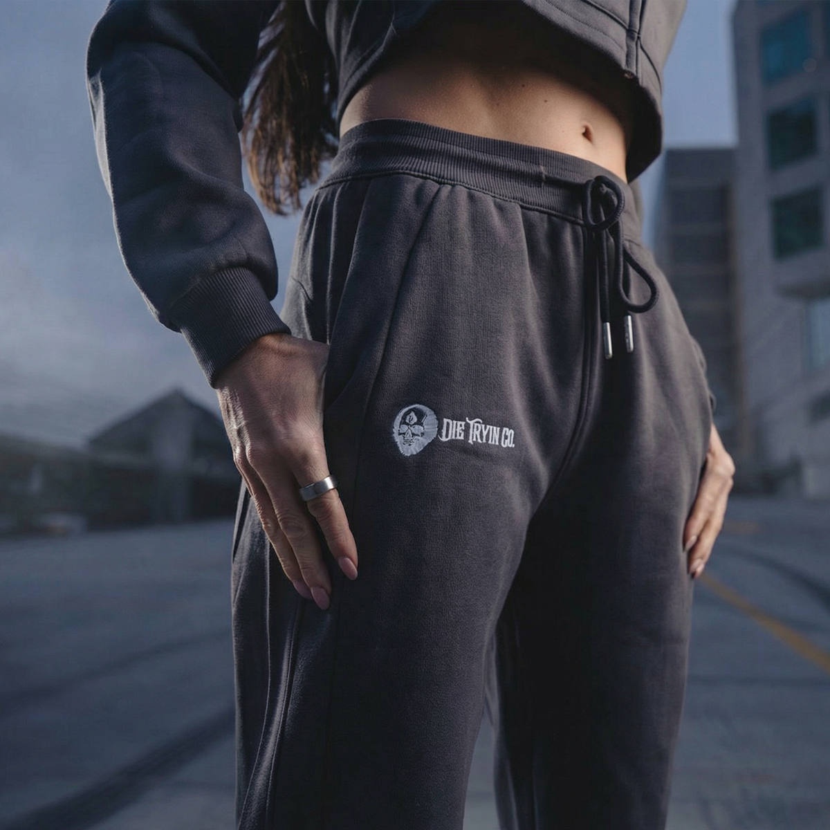 Waistband and drawstring detail on the women’s joggers